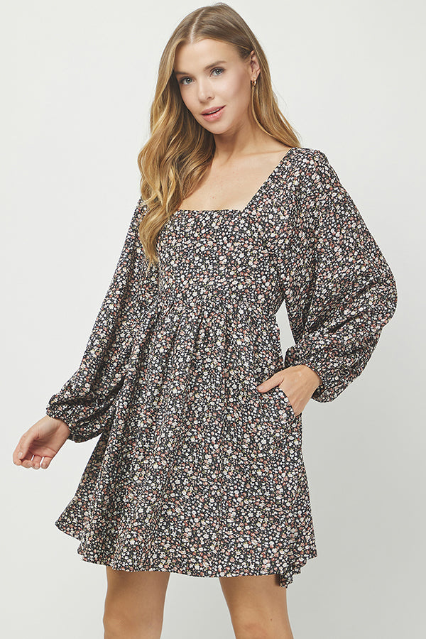 Floral Puff Sleeve Smocked Dress - YD1466BJ