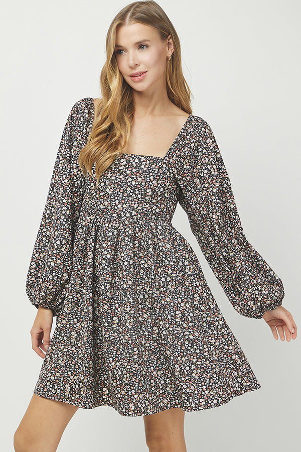 Floral Puff Sleeve Smocked Dress - YD1466BJ