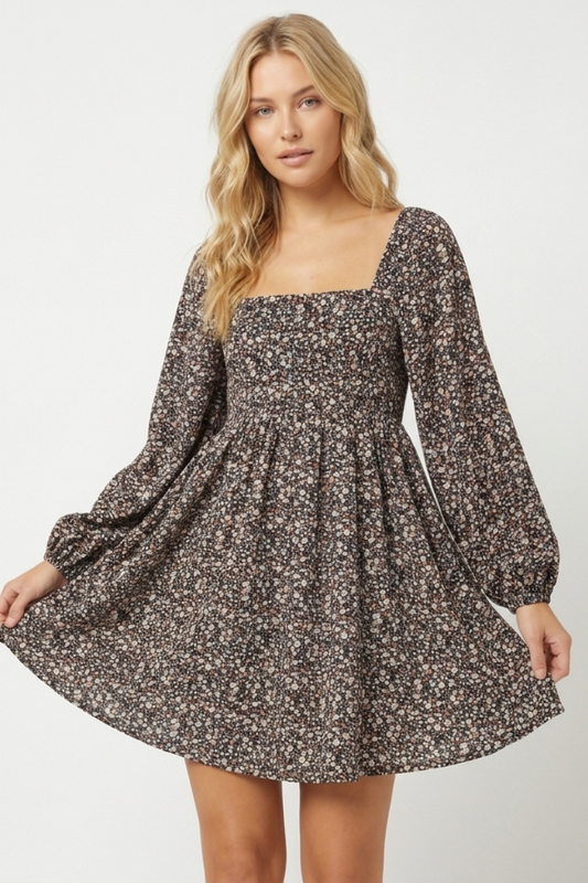Ditsy Floral Square Neck Puff Sleeve Mini Dress