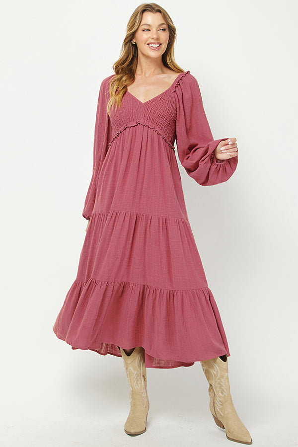 Boho Rose Smocked Tiered Midi Dress - YD1478KJ