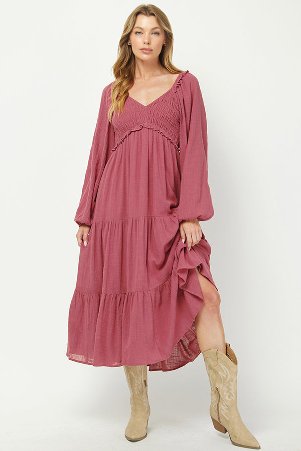 Boho Rose Smocked Tiered Midi Dress - YD1478KJ