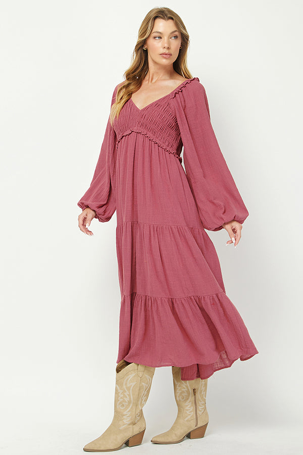 Boho Rose Smocked Tiered Midi Dress - YD1478KJ