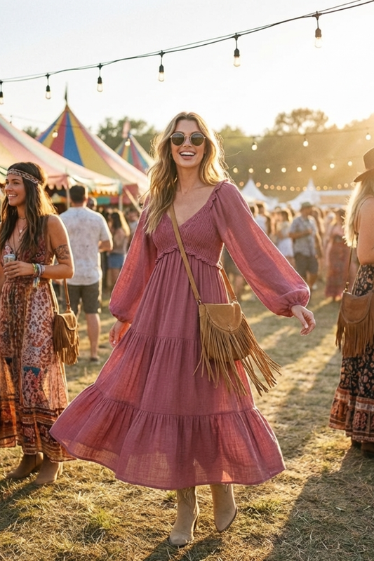 Boho Rose Smocked Tiered Midi Dress - YD1478KJ