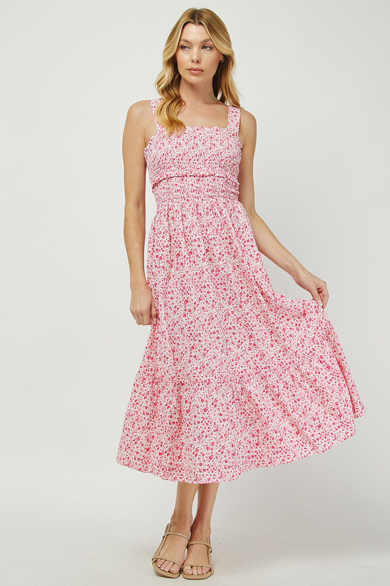 Floral Smocked Midi Dress with Back Bow Detail - YD1484BJ01