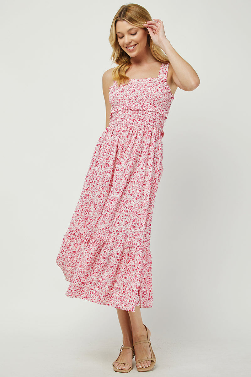 Floral Smocked Midi Dress with Back Bow Detail - YD1484BJ01