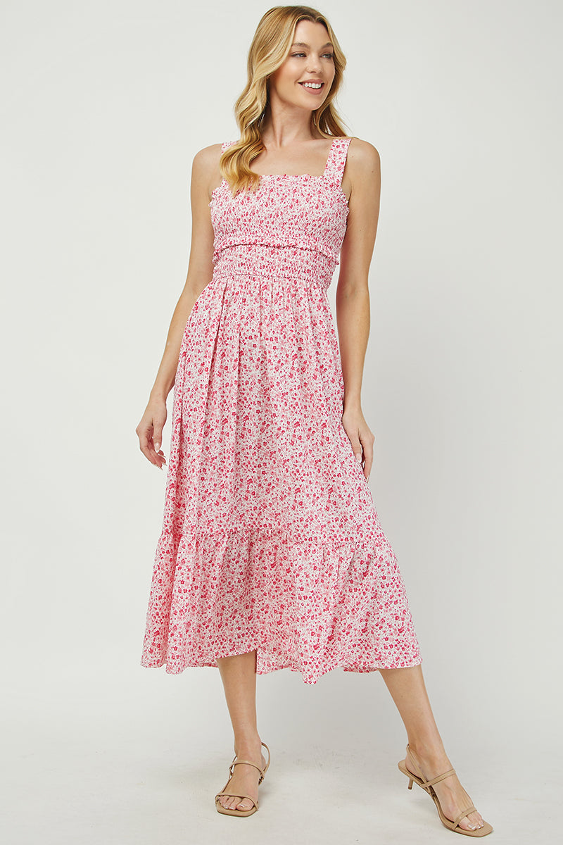 Floral Smocked Midi Dress with Back Bow Detail - YD1484BJ01