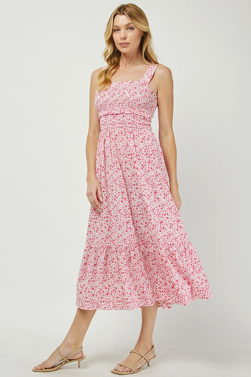 Floral Smocked Midi Dress with Back Bow Detail - YD1484BJ01