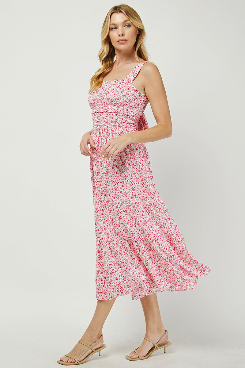 Floral Smocked Midi Dress with Back Bow Detail - YD1484BJ01