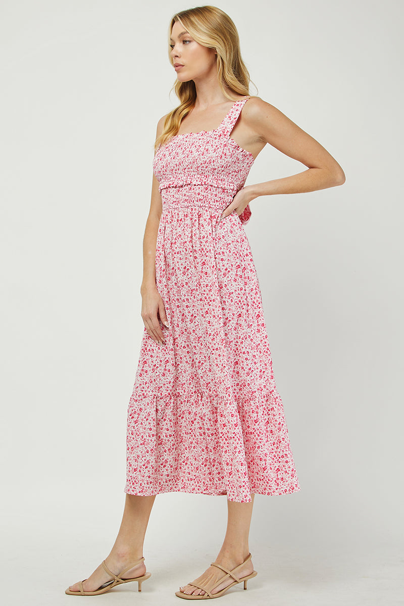 Floral Smocked Midi Dress with Back Bow Detail - YD1484BJ01
