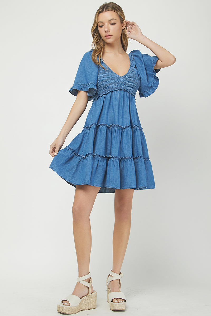 Denim Tiered Smocked Babydoll Dress - YD1512KJ