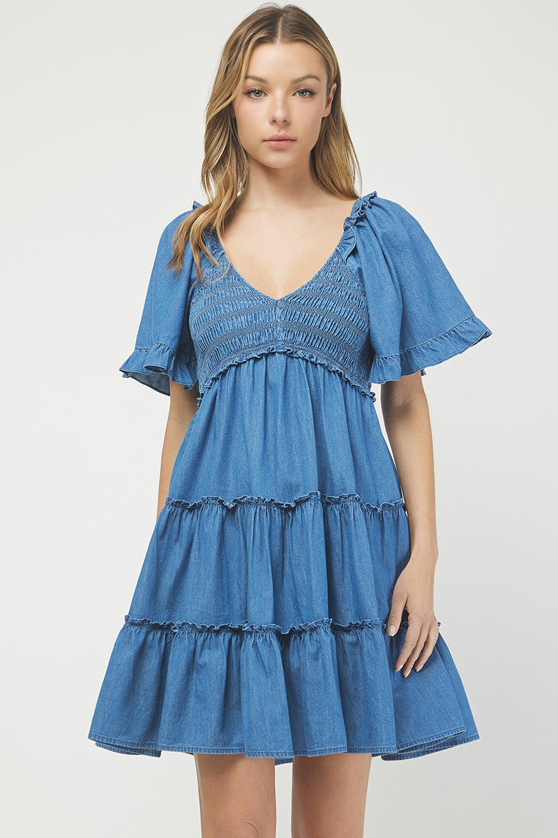 Denim Tiered Smocked Babydoll Dress - YD1512KJ