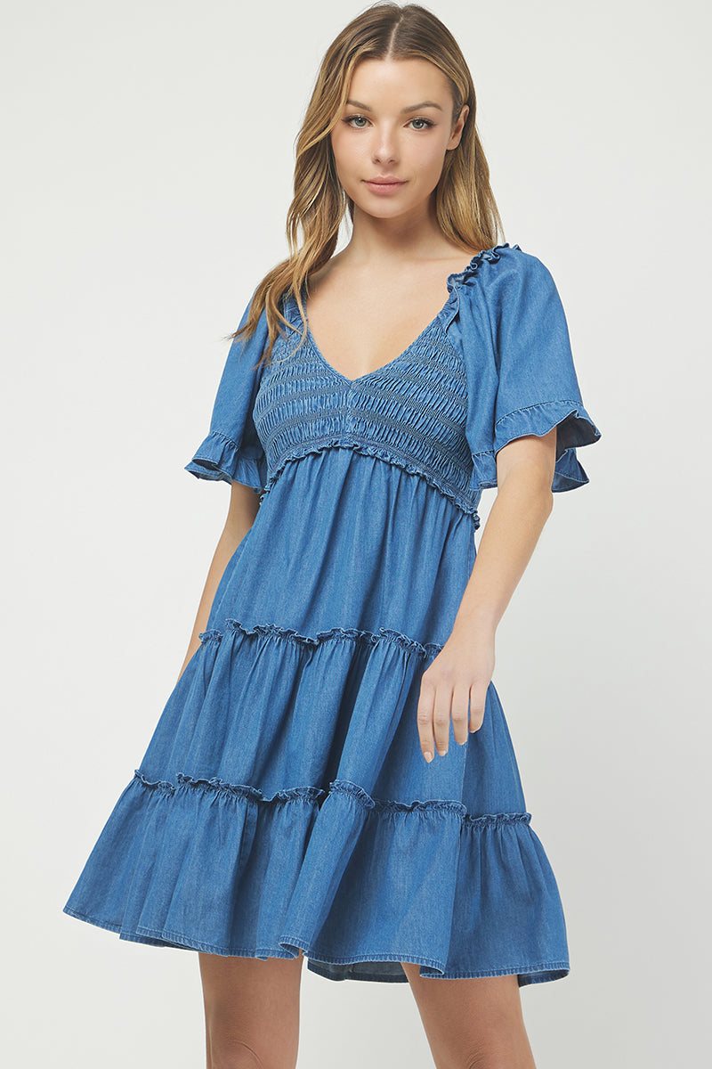 Denim Tiered Smocked Babydoll Dress - YD1512KJ