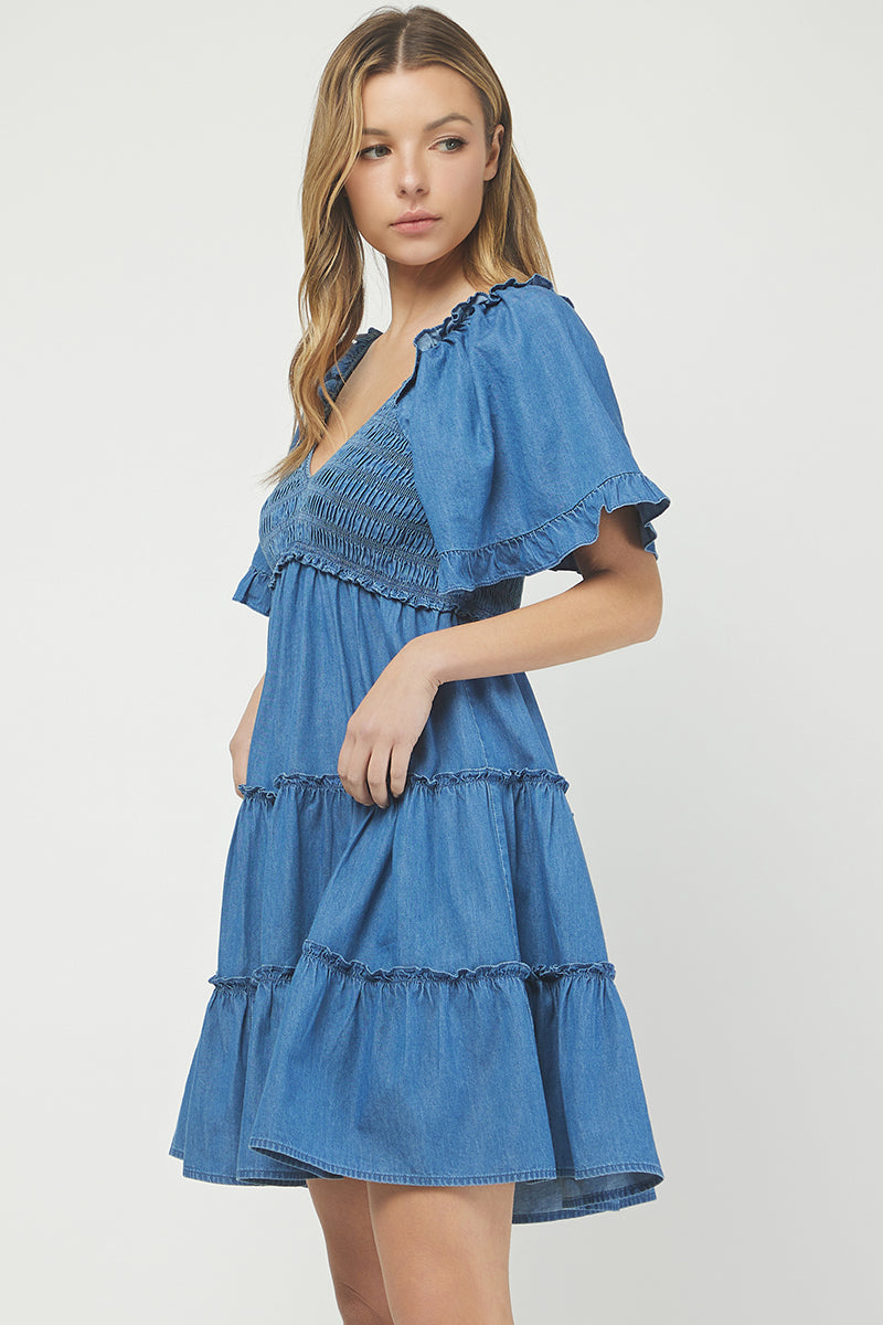 Denim Tiered Smocked Babydoll Dress - YD1512KJ