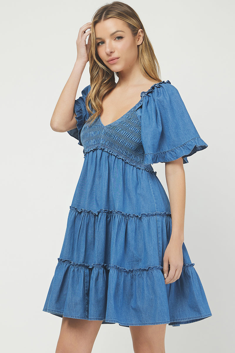 Denim Tiered Smocked Babydoll Dress - YD1512KJ