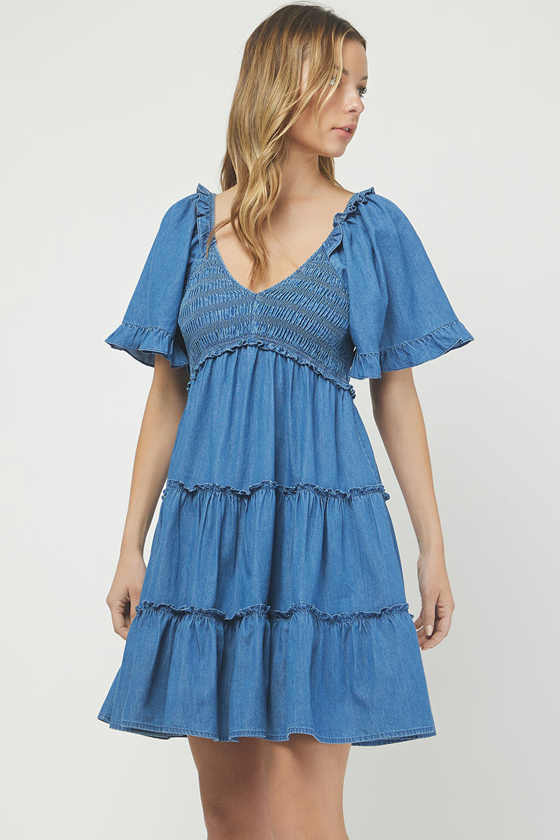 Denim Tiered Smocked Babydoll Dress - YD1512KJ