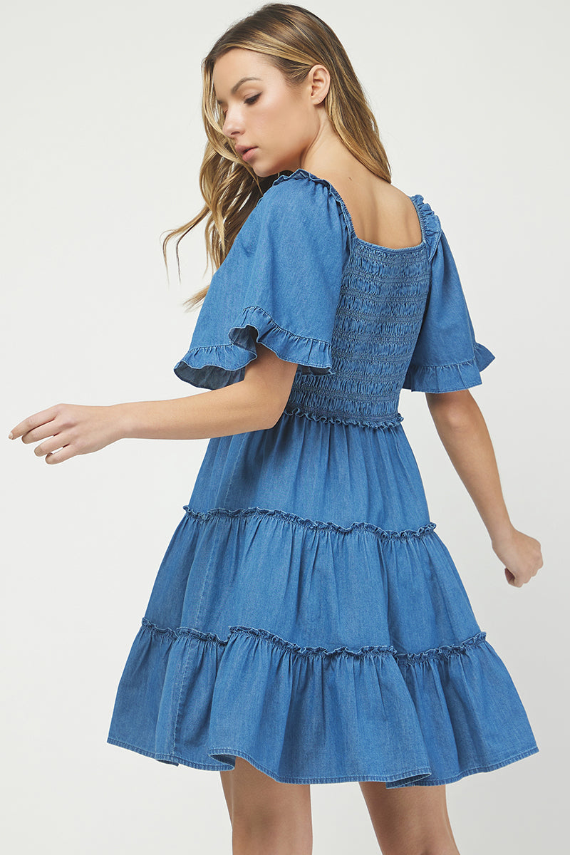 Denim Tiered Smocked Babydoll Dress - YD1512KJ