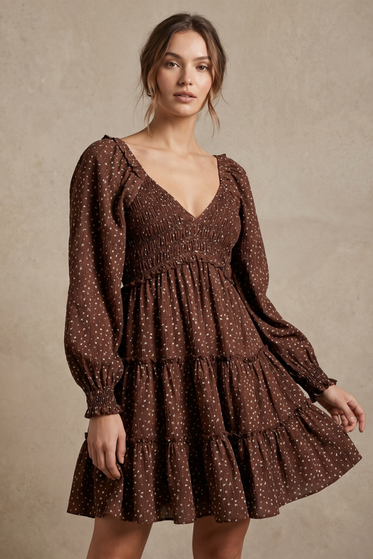 Brown Floral Smocked Long Sleeve Tiered Mini Dress - YD1528KJ01