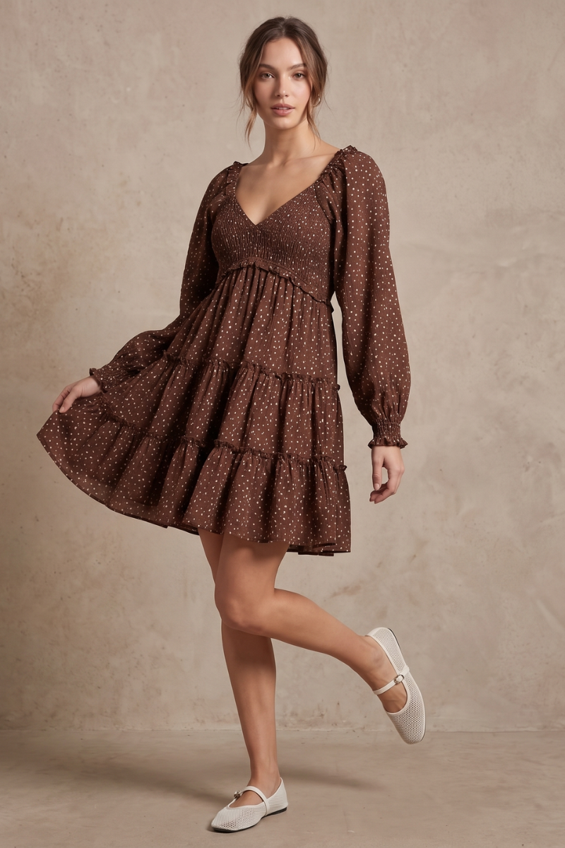 Brown Floral Smocked Long Sleeve Tiered Mini Dress - YD1528KJ01