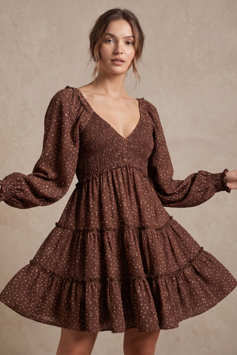 Brown Floral Smocked Long Sleeve Tiered Mini Dress - YD1528KJ01