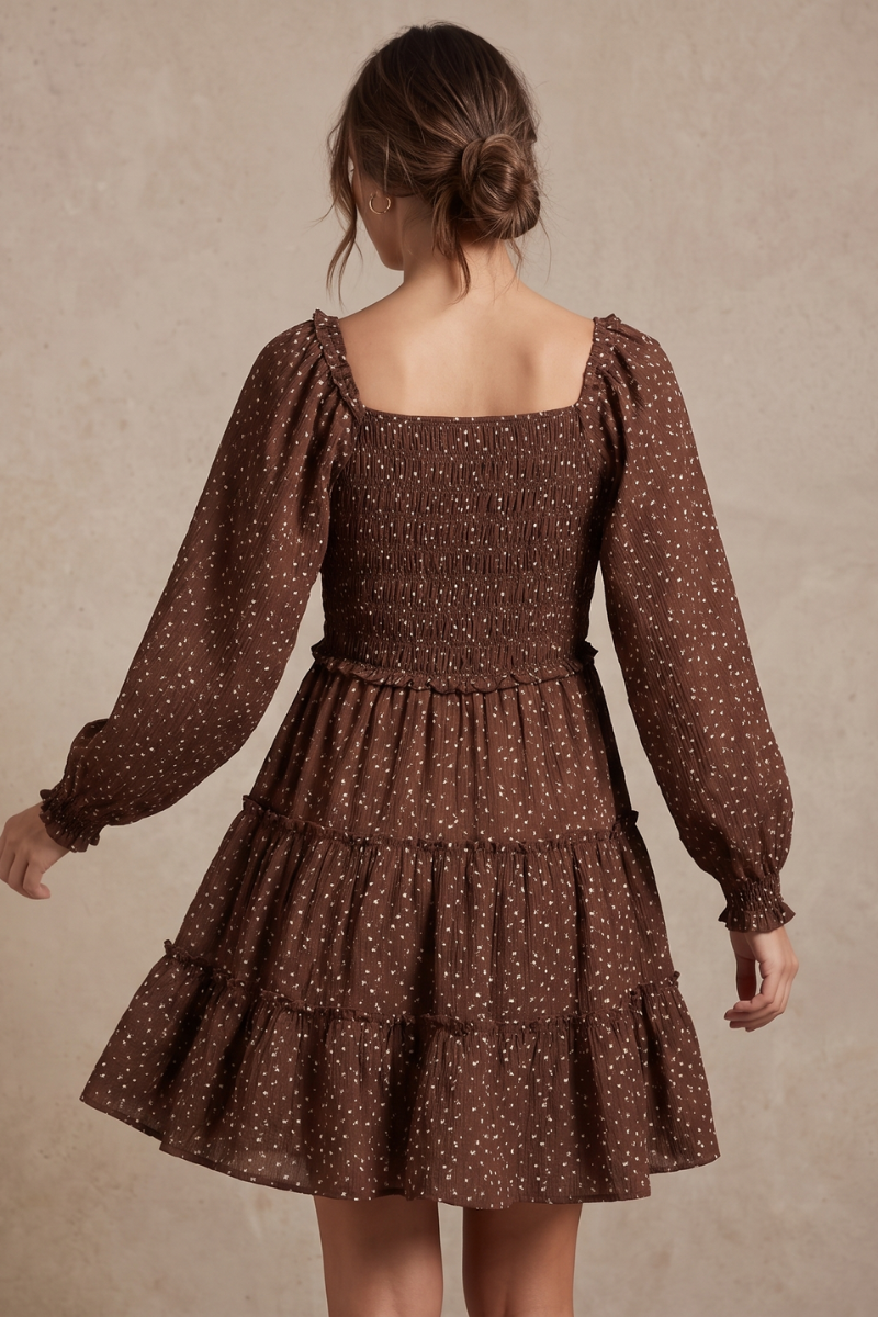 Brown Floral Smocked Long Sleeve Tiered Mini Dress - YD1528KJ01