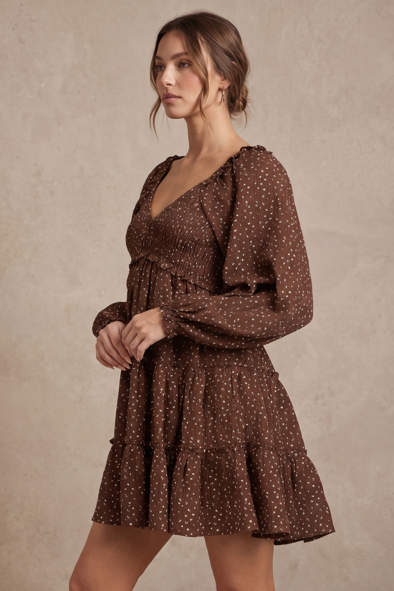 Brown Floral Smocked Long Sleeve Tiered Mini Dress - YD1528KJ01