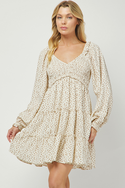 Cream Ditsy Floral Smocked V-Neck Puff Sleeve Tiered Mini Dress
