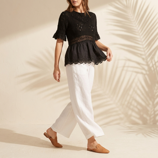 Black Crochet Knit Peplum Top - YW6075KJ