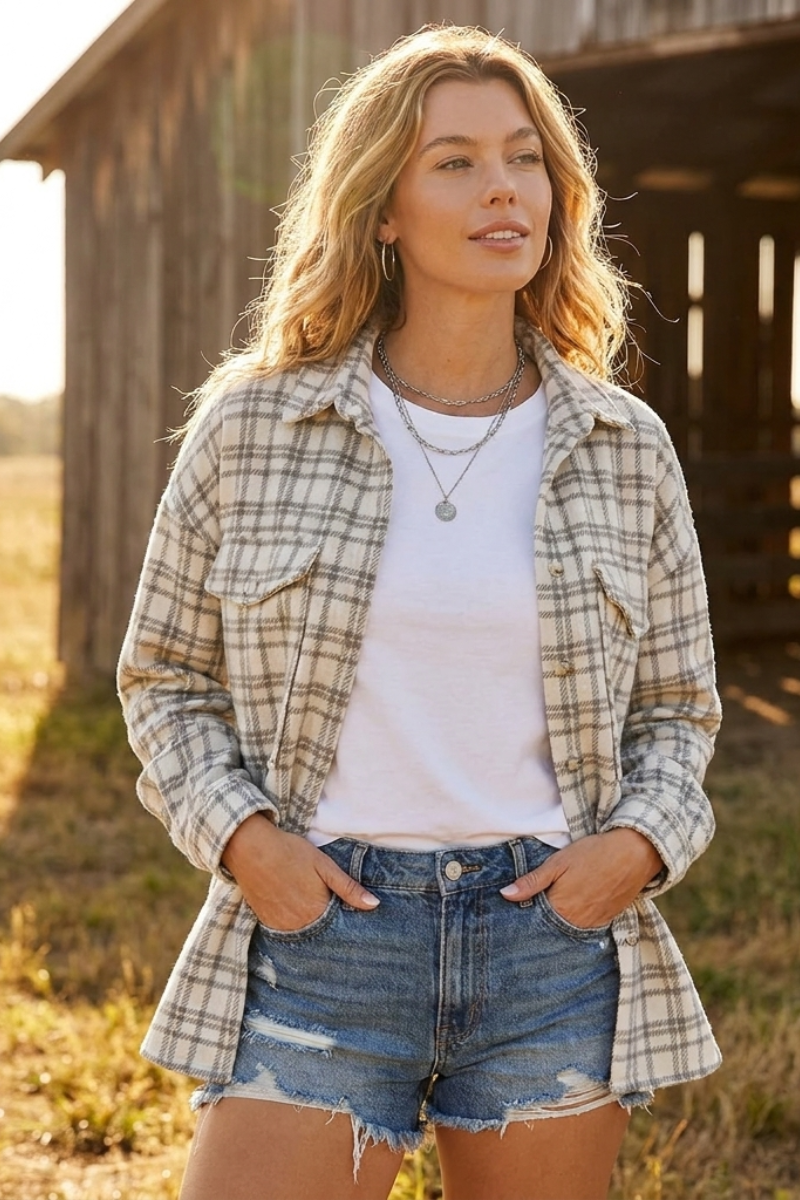 Cozy Plaid Button Up Shacket - YJ9009BJ
