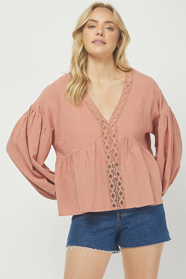 Dusty Rose Boho Lace Trim Blouse - YT3066BJ
