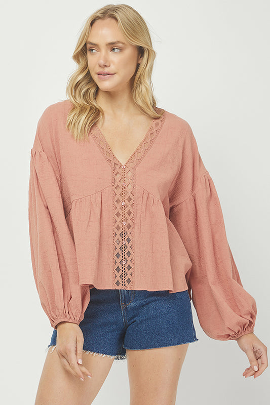 Dusty Rose Boho Lace Trim Blouse - YT3066BJ