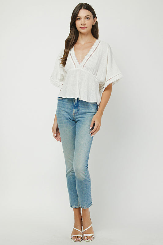 Boho Chic Eyelet Trim V-Neck Blouse - YT3071BJ