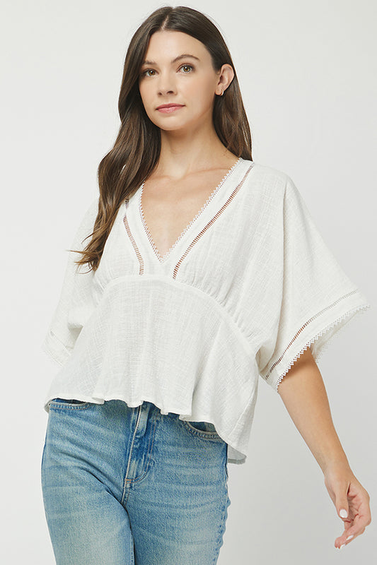 Boho Chic Eyelet Trim V-Neck Blouse - YT3071BJ