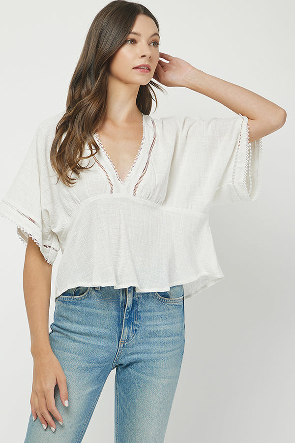 Boho Chic Eyelet Trim V-Neck Blouse - YT3071BJ