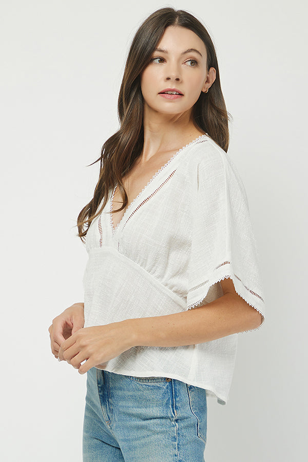 Boho Chic Eyelet Trim V-Neck Blouse - YT3071BJ