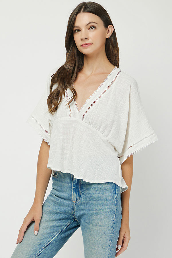Boho Chic Eyelet Trim V-Neck Blouse - YT3071BJ