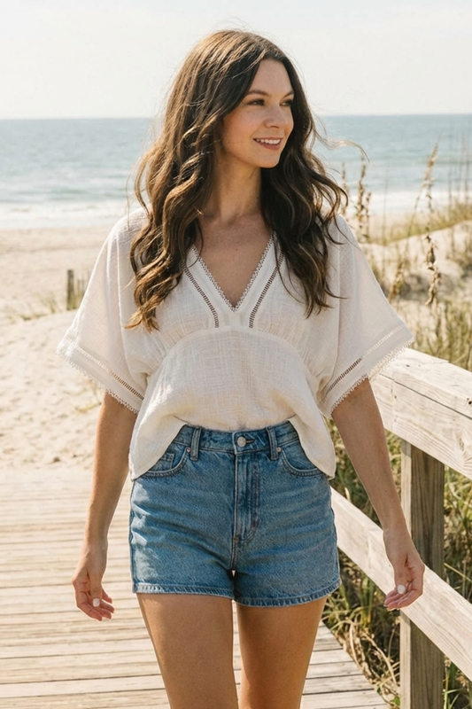 Boho Chic Eyelet Trim V-Neck Blouse - YT3071BJ