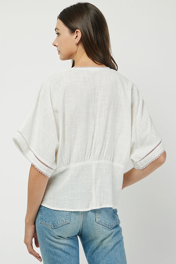 Boho Chic Eyelet Trim V-Neck Blouse - YT3071BJ
