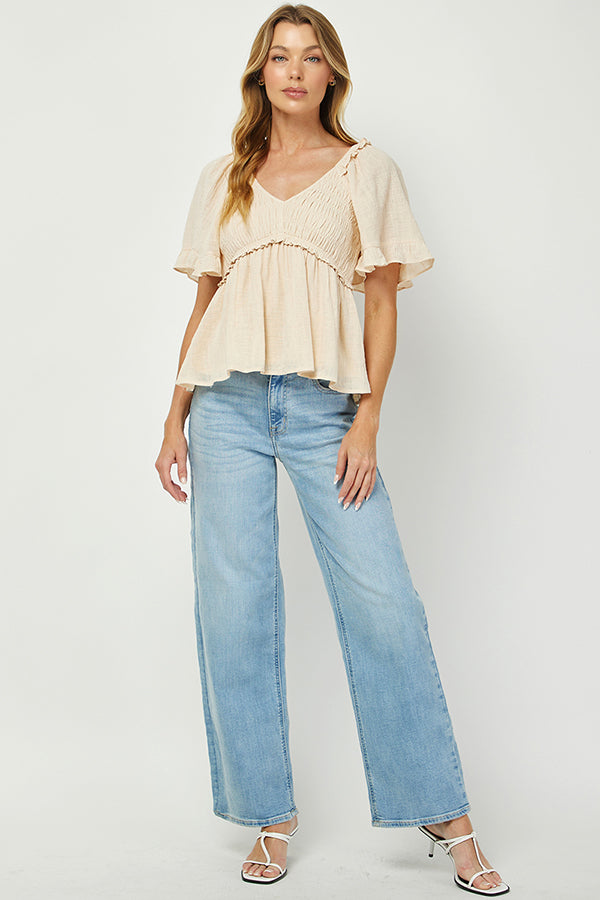 Puff Sleeve Smocked Peplum Blouse - YT3083KJ