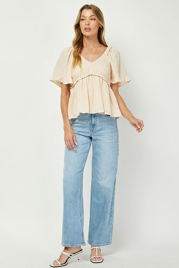 Puff Sleeve Smocked Peplum Blouse - YT3083KJ