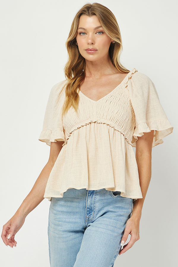 Puff Sleeve Smocked Peplum Blouse - YT3083KJ
