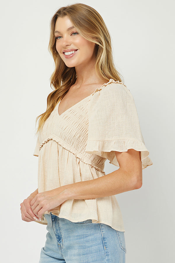 Puff Sleeve Smocked Peplum Blouse - YT3083KJ