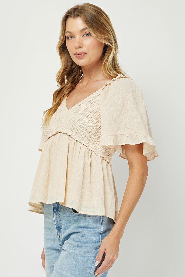 Puff Sleeve Smocked Peplum Blouse - YT3083KJ