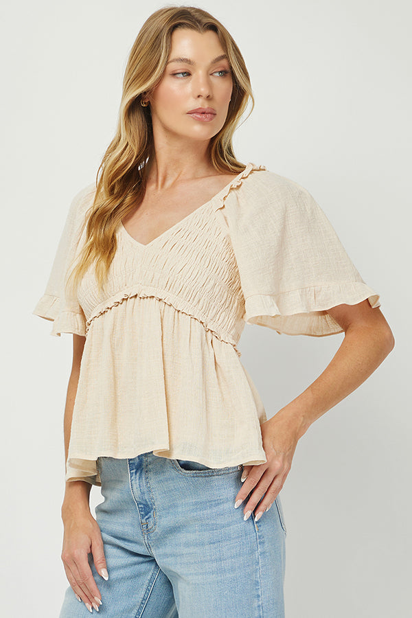 Puff Sleeve Smocked Peplum Blouse - YT3083KJ