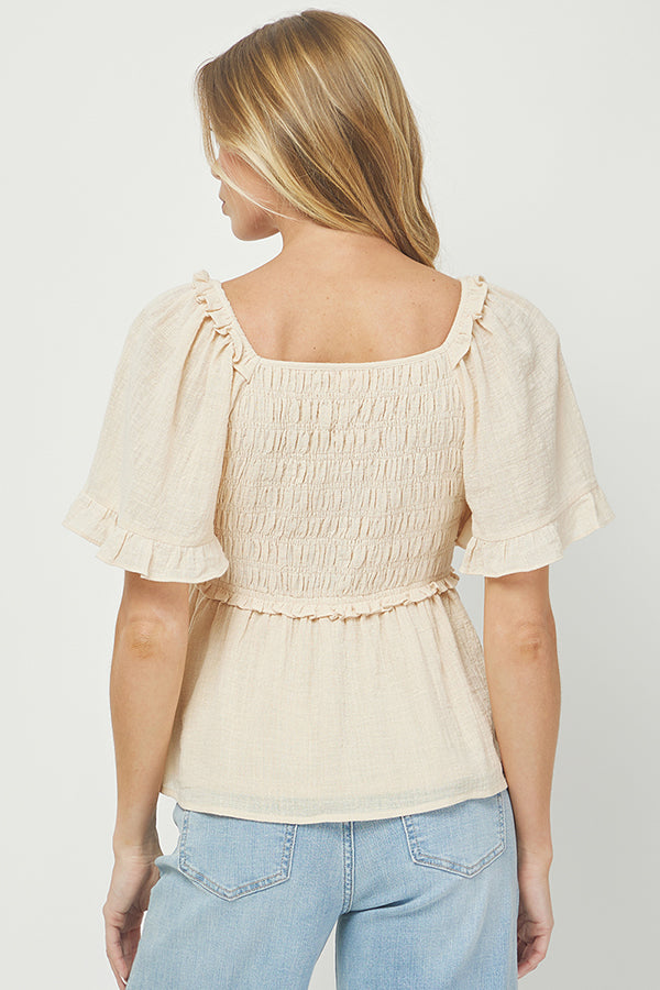 Puff Sleeve Smocked Peplum Blouse - YT3083KJ