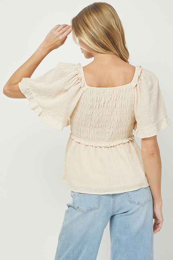 Puff Sleeve Smocked Peplum Blouse - YT3083KJ