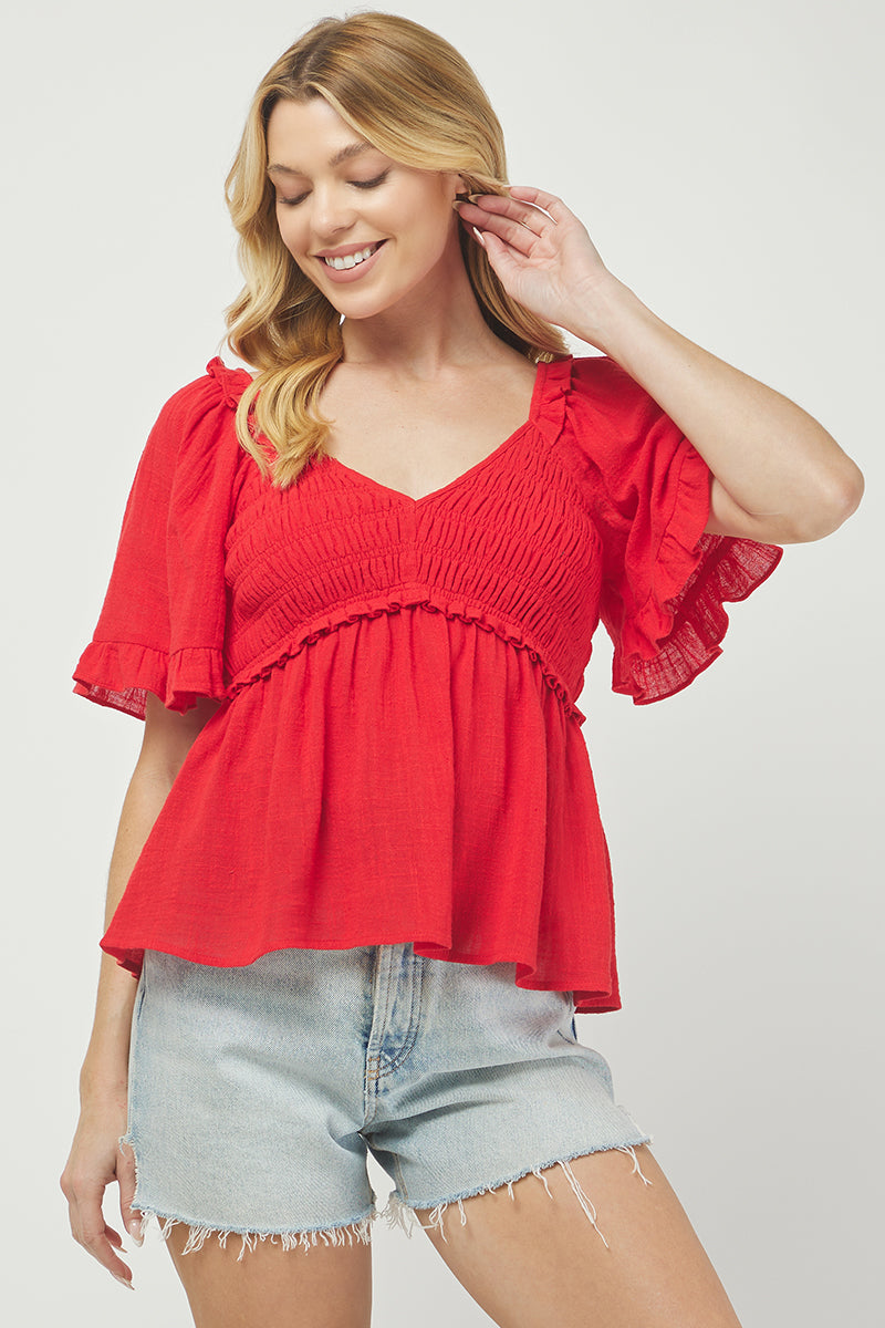 Puff Sleeve Smocked Peplum Blouse - YT3083KJ