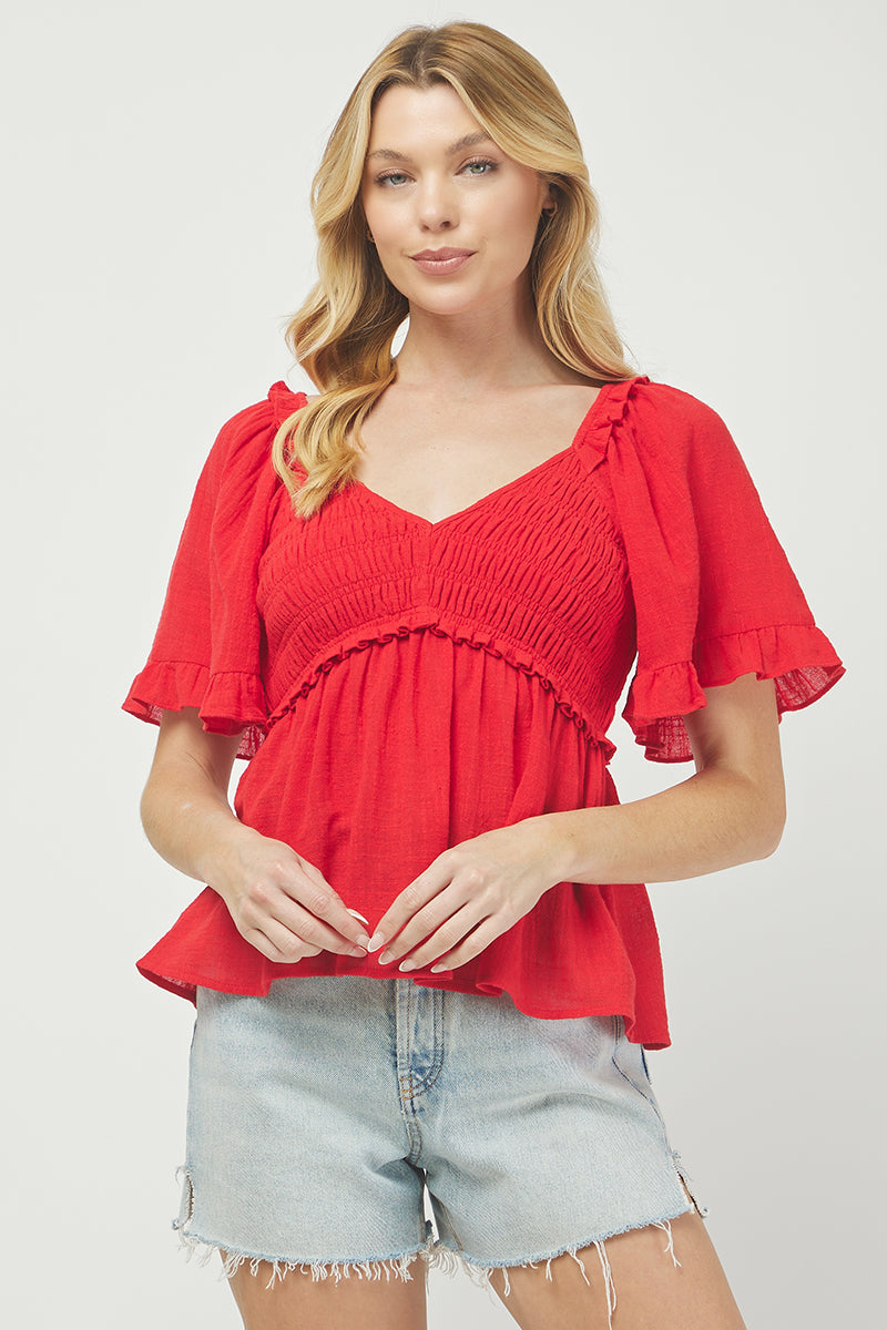 Puff Sleeve Smocked Peplum Blouse - YT3083KJ