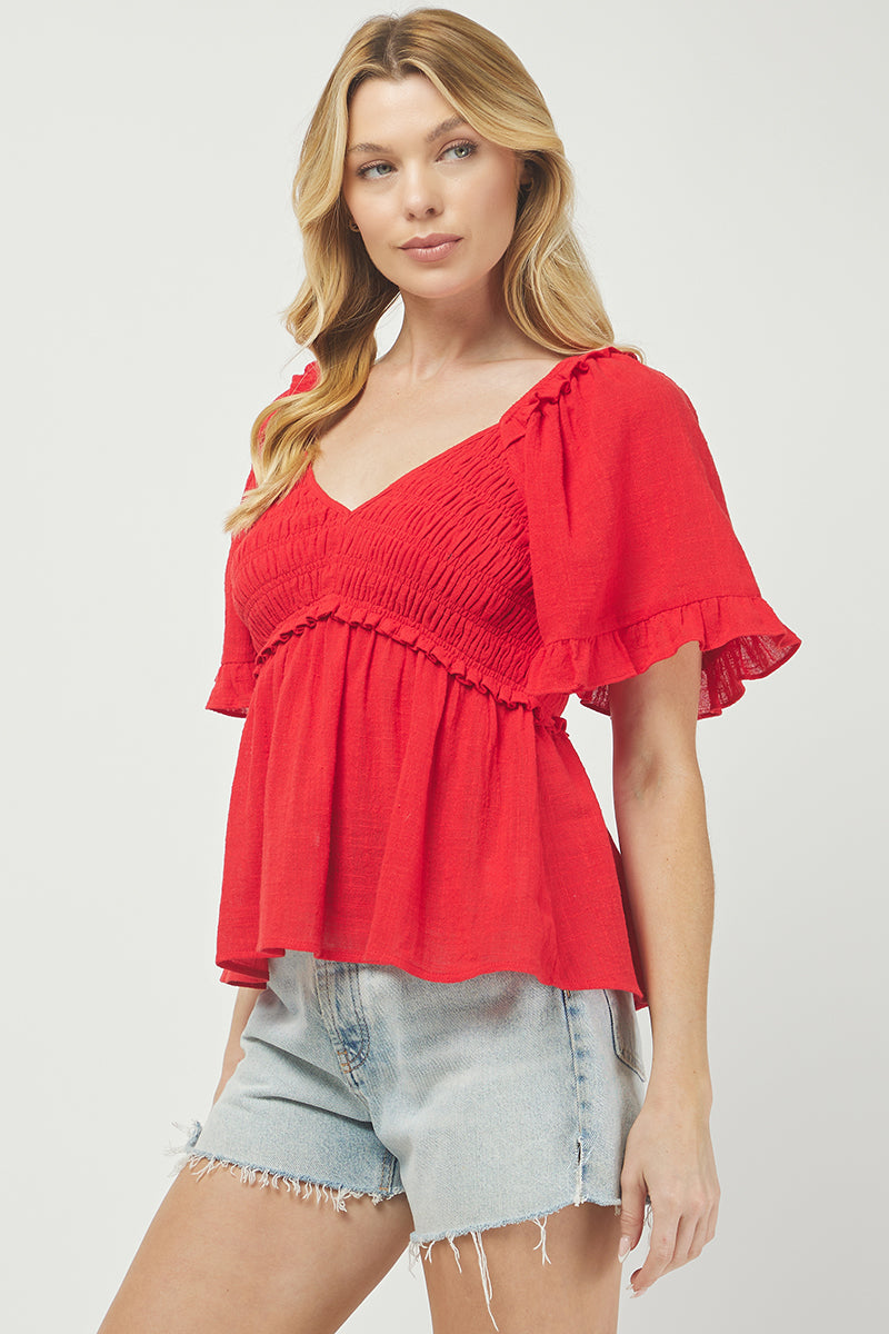 Puff Sleeve Smocked Peplum Blouse - YT3083KJ