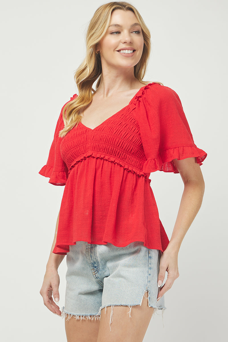 Puff Sleeve Smocked Peplum Blouse - YT3083KJ