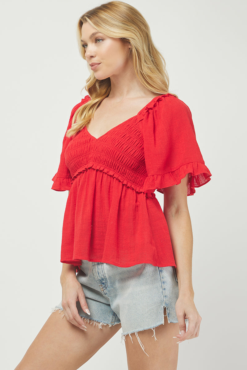 Puff Sleeve Smocked Peplum Blouse - YT3083KJ